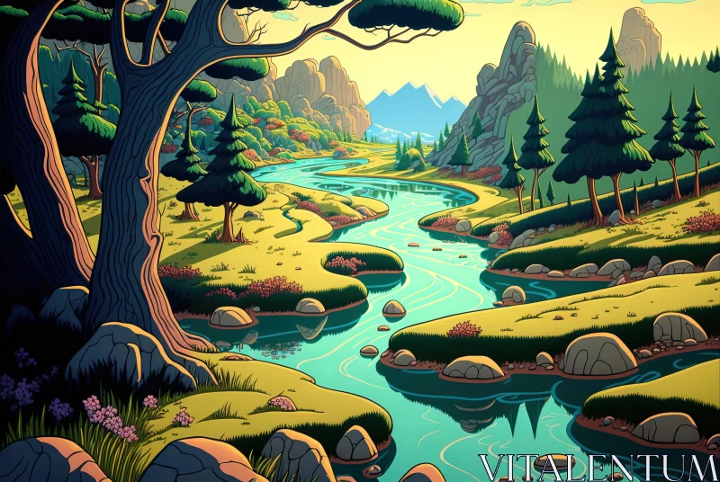 Tranquil River in Forest: Vibrant Cartoonish Illustration AI Image