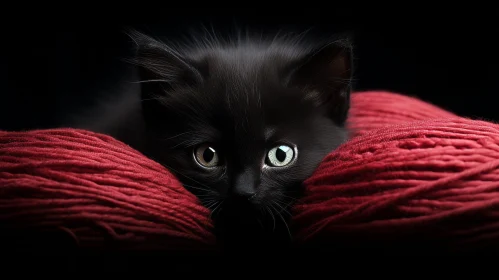 Adorable Black Kitten with Red Yarn - Studio Portrait