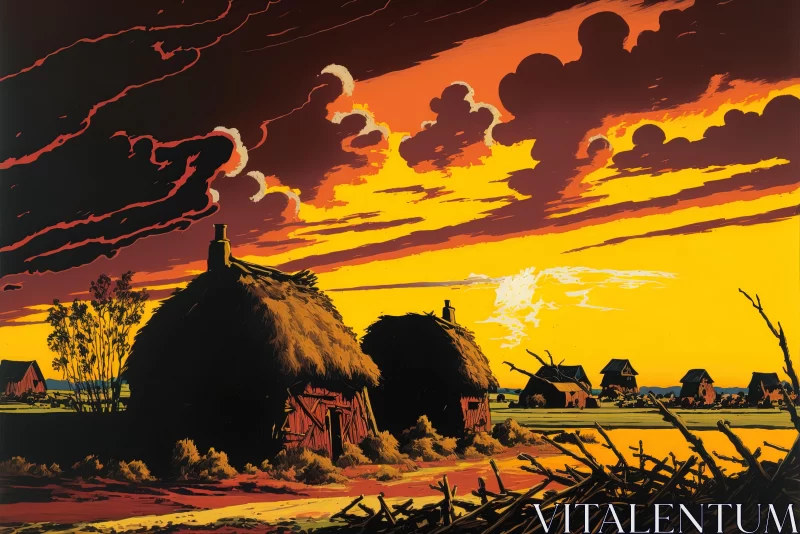 Captivating Rural Sunset Landscape | Nostalgic Depiction of Rural Life AI Image