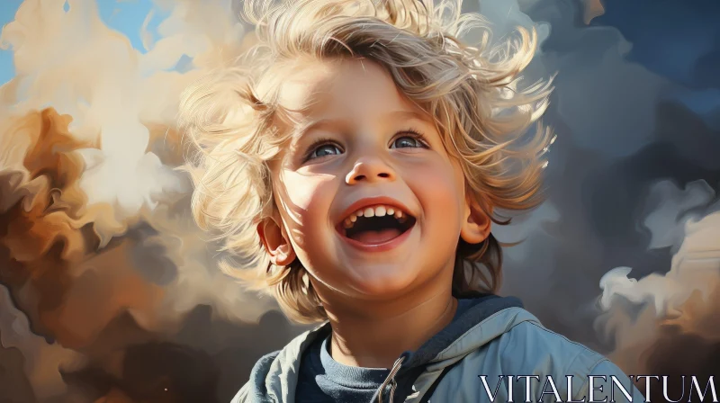 Happy Smiling Boy Portrait under Stormy Sky AI Image