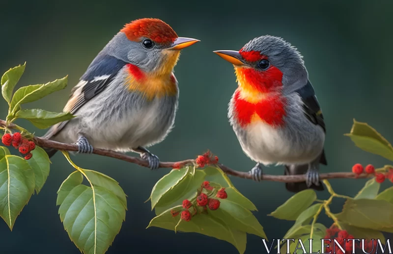 Male Blue and Red Birds on Branch with Berries - Digital Art AI Image