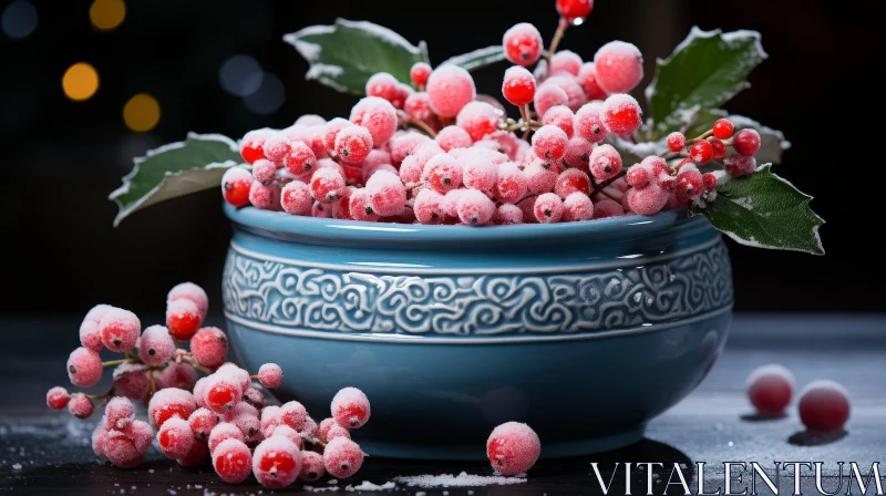 AI ART Red Berries in Blue Bowl on Wooden Table