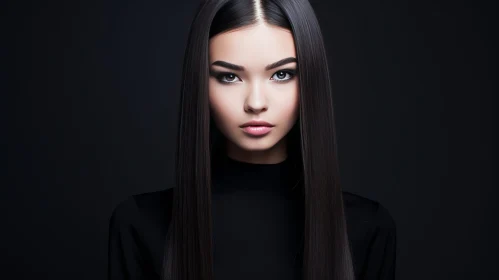 Asian Woman with Black Hair in Close-Up Portrait