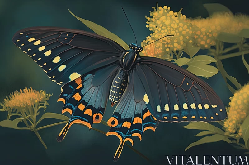 Captivating Black Butterfly on Yellow Flowers - Digital Painting AI Image