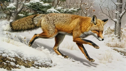 Red Fox Running in Snowy Forest - Wildlife Painting