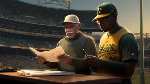 Baseball Manager and Player in Green and Yellow Uniforms in Stadium