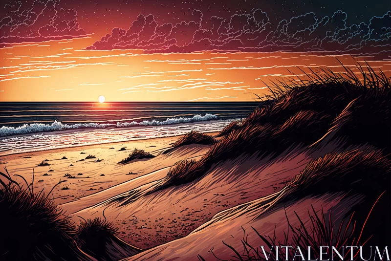 Captivating Sunset Over Beach - Highly Detailed Illustration AI Image