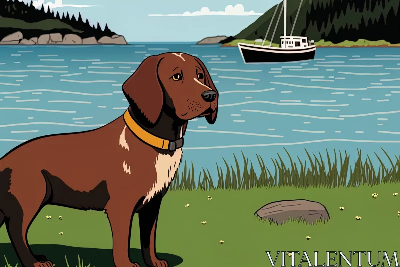 Brown Dog and Boat on Water - Graphic Coastal Illustration AI Image