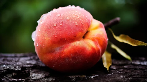 Fresh Ripe Peach with Water Drops on Wooden Surface