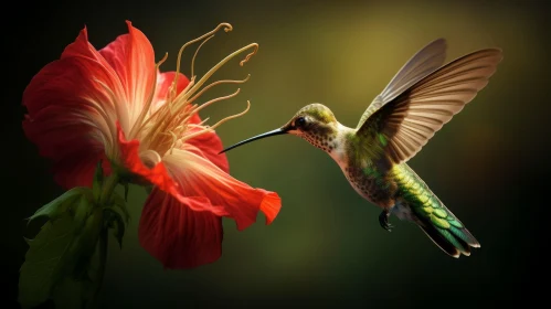 Hummingbird and Red Hibiscus Flower in Nature