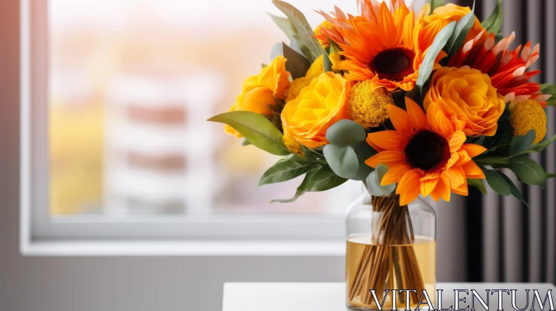 Orange and Yellow Flowers Bouquet in Glass Vase AI Image