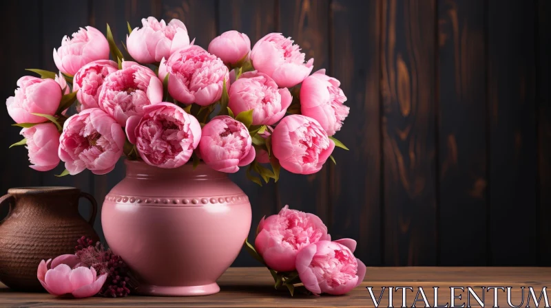 Pink Peonies Still Life - Wooden Table Composition AI Image