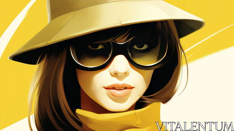 AI ART Serious Young Woman Portrait in Yellow Hat and Sunglasses
