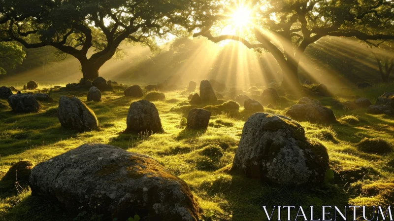 Sunlit Forest Landscape with Moss-Covered Boulders AI Image