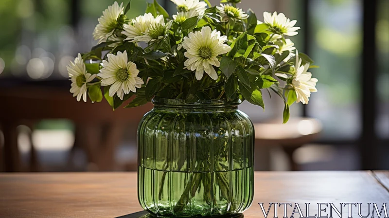 AI ART White Daisies in Green Glass Vase - Serene Floral Scene