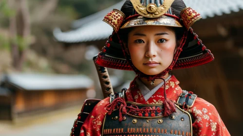 Young Woman in Samurai Armor Portrait AI Image