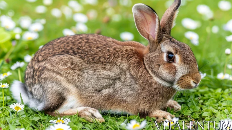 Brown Rabbit in Green Field with Daisies AI Image