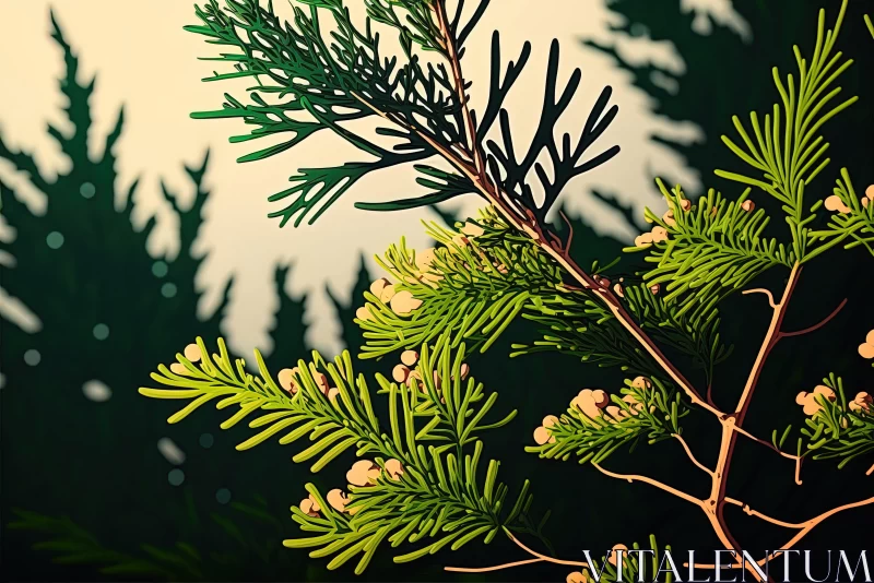 Captivating Pine Tree Branch with Flowers - Darkroom Photography AI Image