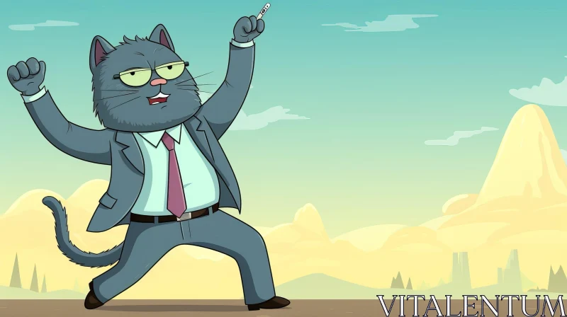 Cartoon Cat in Suit and Tie Pointing at Mountain Landscape AI Image