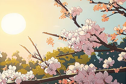 Delicate Cherry Blossom Illustration in Graphic Novel Style