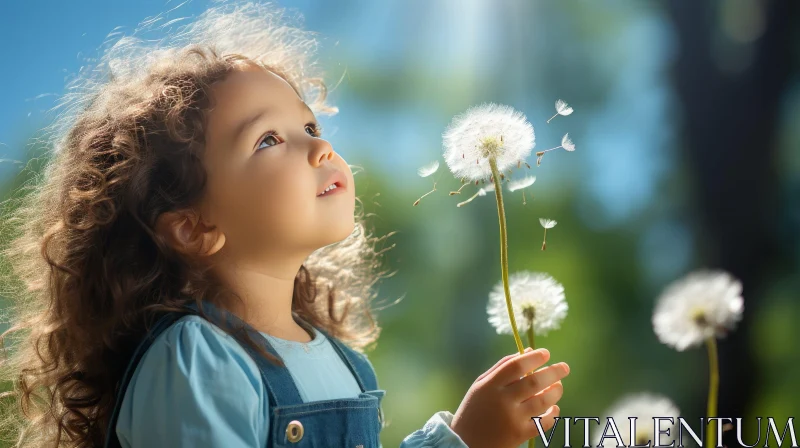 Enchanting Moment: Girl Blowing Dandelion Seeds AI Image