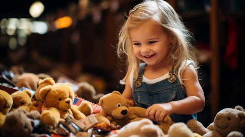 Joyful Child Playing with Plush Toys