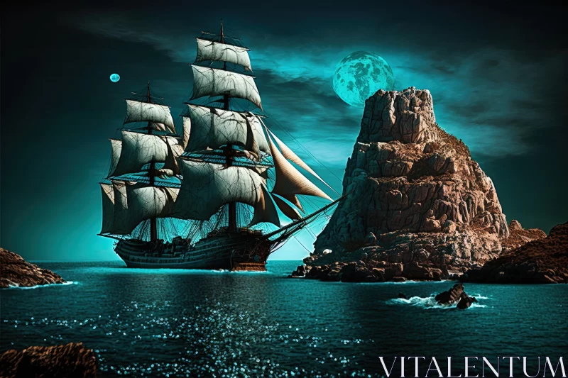 Moonlit Ocean with a Majestic Ship | Epic Fantasy Scene AI Image