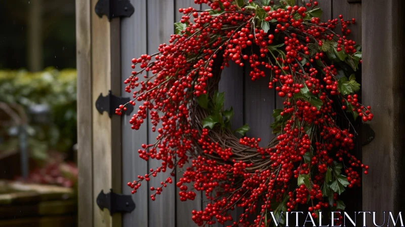 Red Berry and Green Leaf Wreath on Wooden Door AI Image