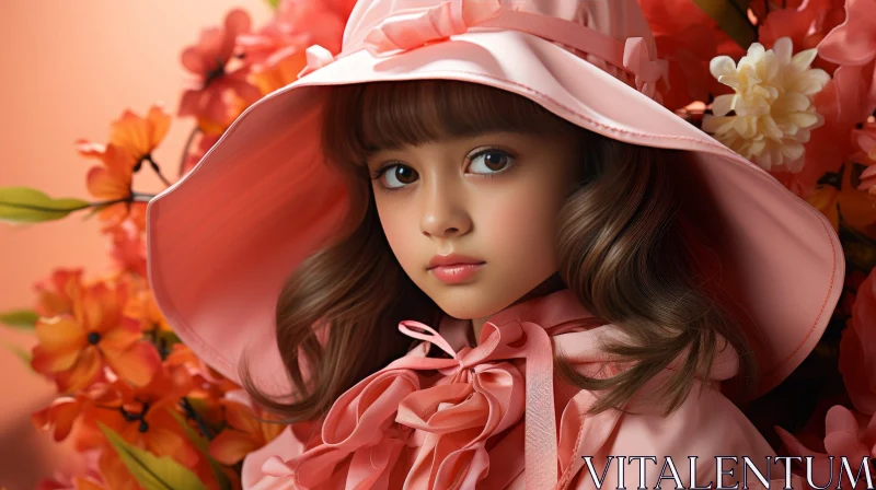 Young Girl in Pink Hat with Flower Background AI Image