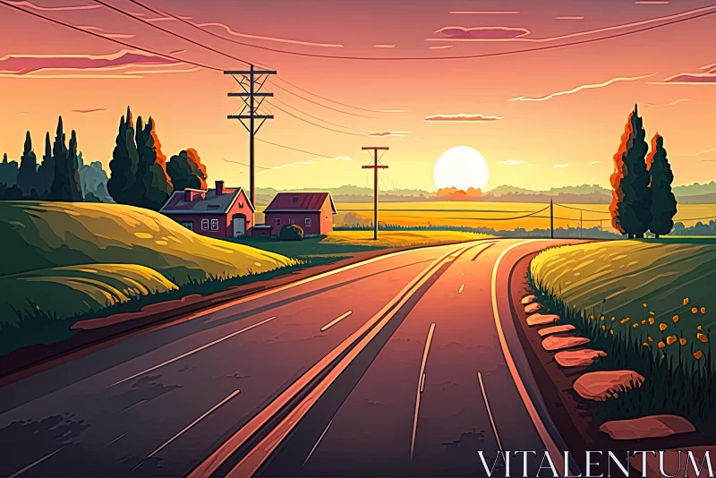 Charming Countryside Road Illustration | Summer Background AI Image