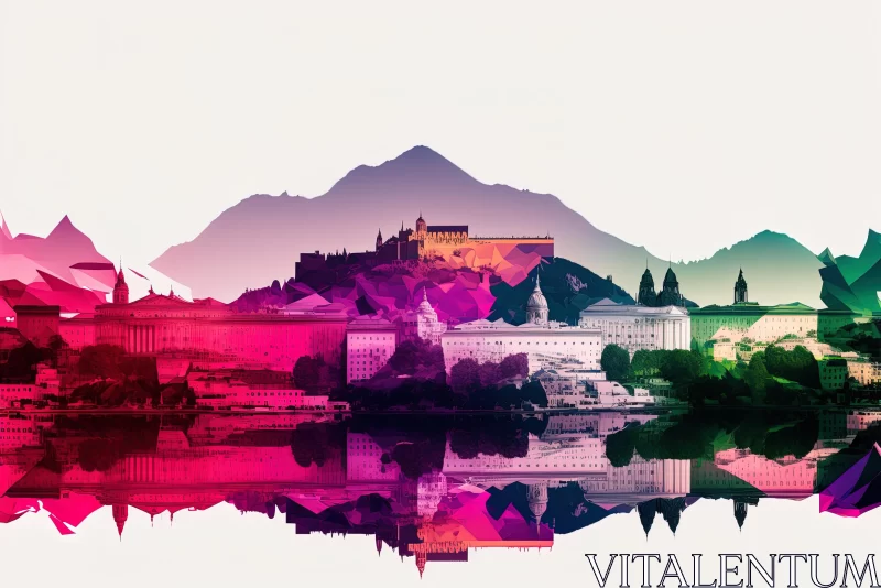 Colorful Watercolor Design: Mountain and City | Slovenian Paintings AI Image