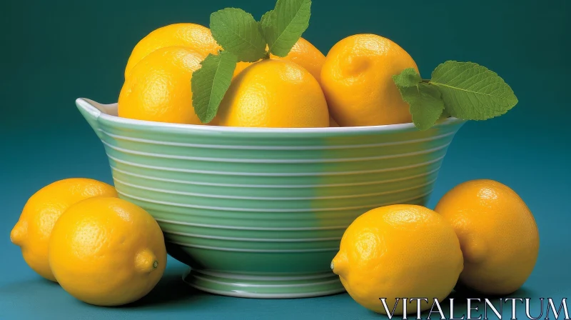 AI ART Fresh Lemon Bowl on Green Table - Artistic Image
