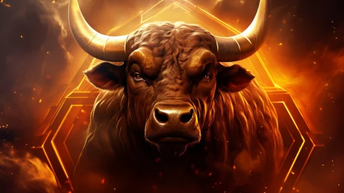Intense Brown Bull with Large Horns in Fiery Background