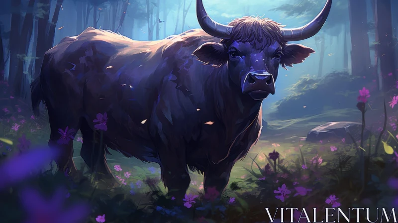 Majestic Bull in Flower Field Painting AI Image