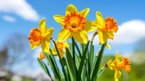 Yellow Daffodils in Full Bloom Against Blue Sky