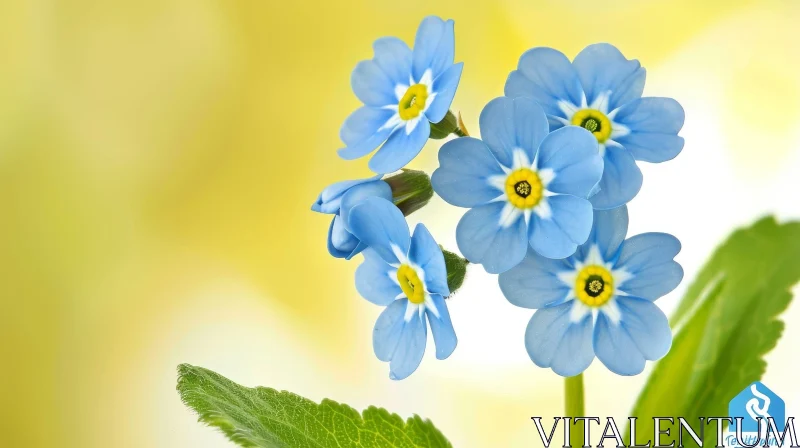 Blue Forget-Me-Not Flowers Close-Up on Soft Yellow Background AI Image