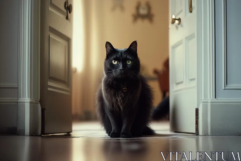 Captivating Black Cat with Green Eyes on Open Door - Dreamlike Atmosphere AI Image