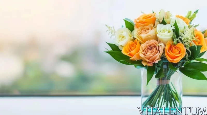 Elegant Orange and White Rose Bouquet in Glass Vase AI Image