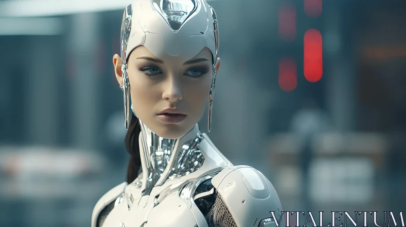Futuristic Young Woman Portrait in Silver and White Outfit AI Image