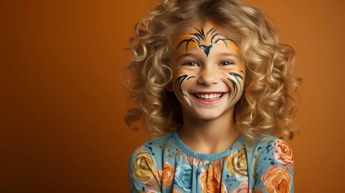 Joyful Young Girl with Tiger Face Paint on Orange Background