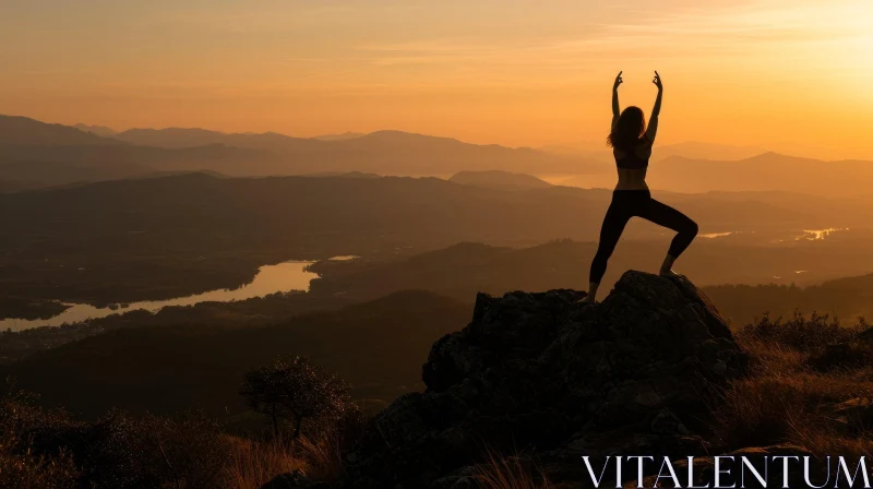 AI ART Yoga Silhouette on Mountaintop at Sunset