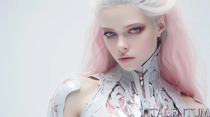 Young Woman Portrait with White and Pink Hair AI Image
