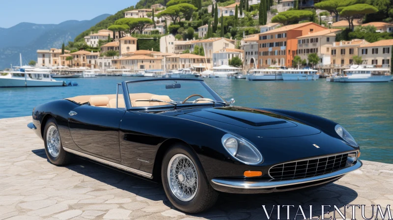 Captivating Black Ferrari California Parked in Mid-Century Mediterranean Landscape AI Image