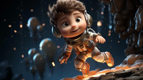 Cheerful Cartoon Astronaut Boy in Space Suit Surrounded by Stars and Planets