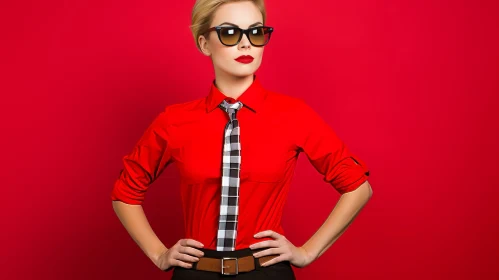Confident Blonde Woman in Red Shirt and Tie