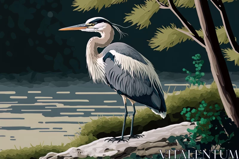 Heron Standing on Rock by River - Flat Illustrations AI Image