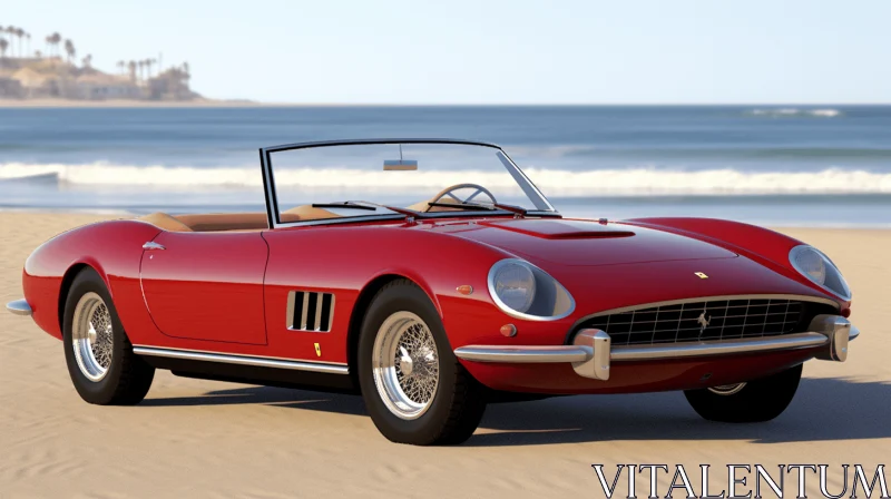 Red Classic Sport Car Driving Along the Beach - Understated Elegance AI Image