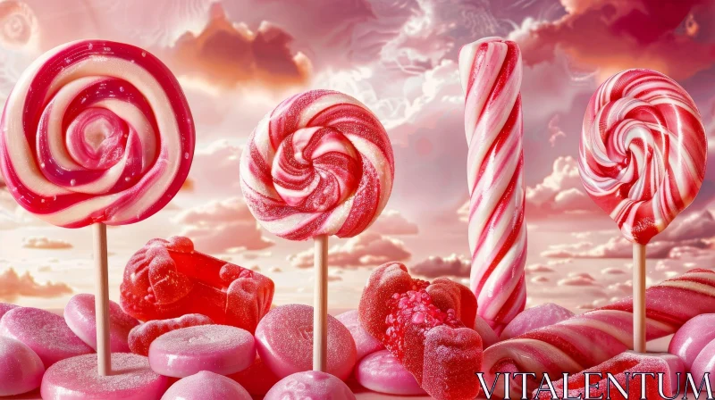Sweet Lollipops and Gummy Bears on Pink Background AI Image