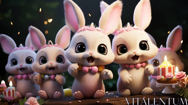 Whimsical 3D Rendering of Cute Rabbits and Birthday Cake AI Image