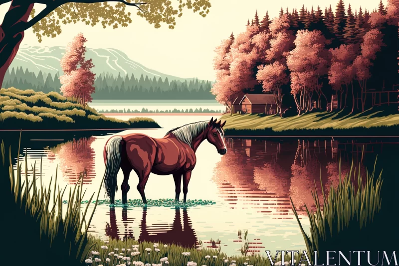 Charming Horse Illustration by the Lake | Idyllic Rural Scene AI Image